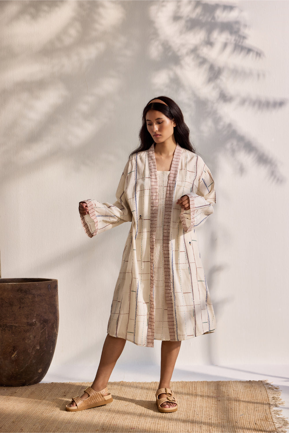 Ecru bamboo cotton tribal printed and embroidered kimono with printed slip dress